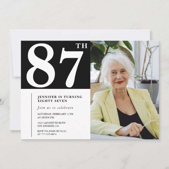 Convites de aniversário de 87 anos Preto e Branco  (Frente)