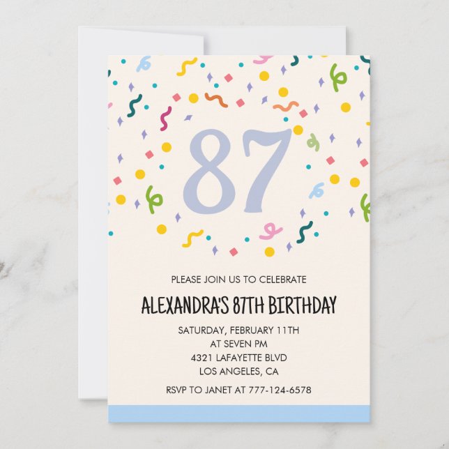 Convites de aniversário de 87 anos simples Confete (Frente)