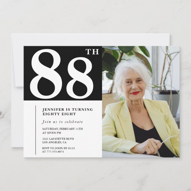 Convites de aniversário de 88 anos Preto e Branco  (Frente)