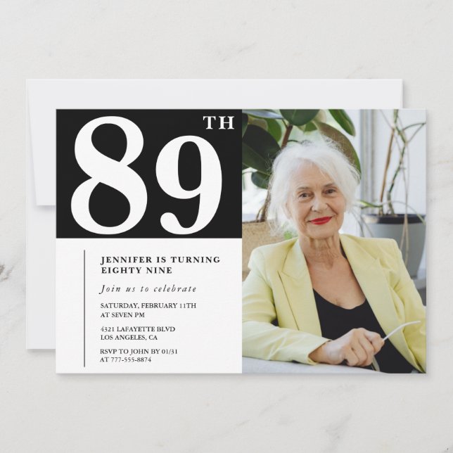 Convites de aniversário de 89 anos em Preto e Bran (Frente)