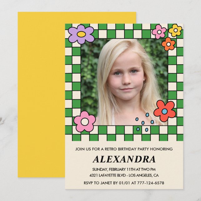 convites de aniversário de 8 anos Flores Retro Gro (Frente/Verso)