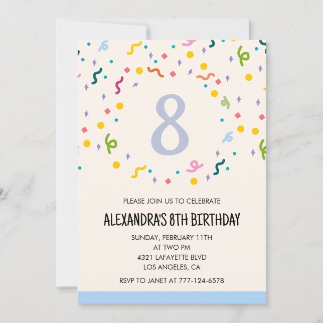 Convites de aniversário de 8 anos simples Confetti (Frente)