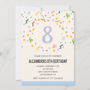 Convites de aniversário de 8 anos simples Confetti