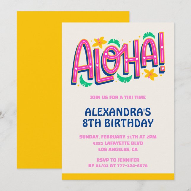 convites de aniversário de 8 anos Tropical Aloha H (Frente/Verso)