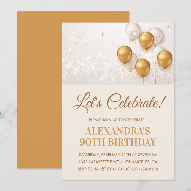convites de aniversário de 90 anos Balões Dourados (Frente/Verso)