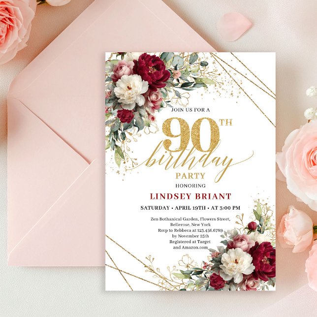 Convites de Aniversário de 90 anos Classic Marsala (Classic Marsala Floral Gold 90th Birthday Invitation)