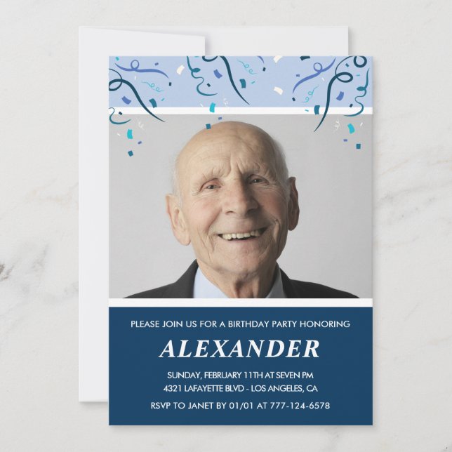 Convites de aniversário de 90 anos com foto azul m (Frente)