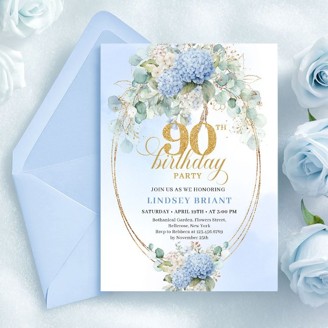 Convites de Aniversário de 90 anos Elegantes Blue  (Elegant Blue Hydrangeas Gold 90th Birthday Invitation)