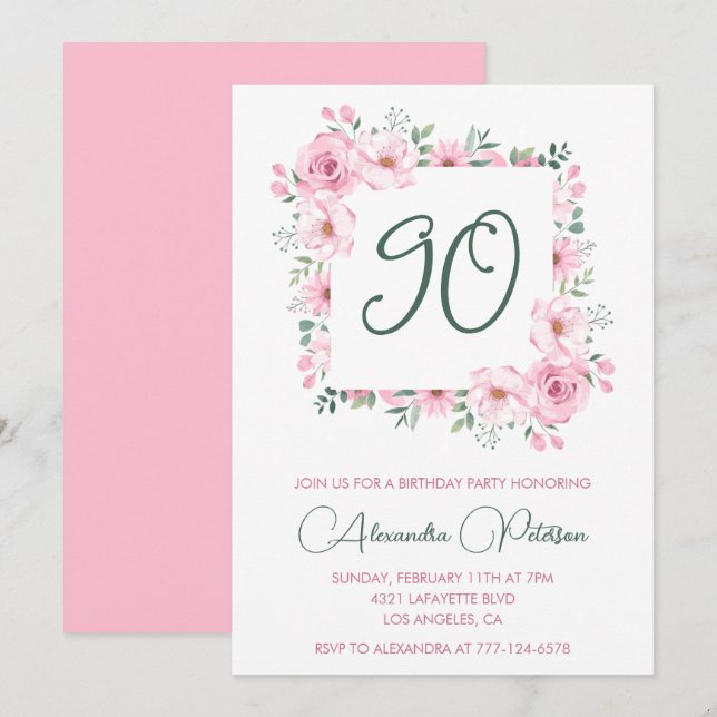 Convites de aniversário de 90 anos Elegantes Flora (Frente/Verso)