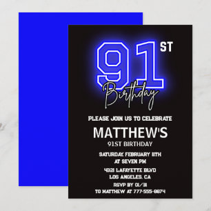convites de aniversário de 91 anos Neon Preto Azul