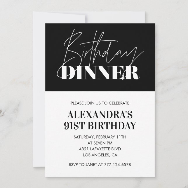 Convites de aniversário de 91 anos preto e branco  (Frente)