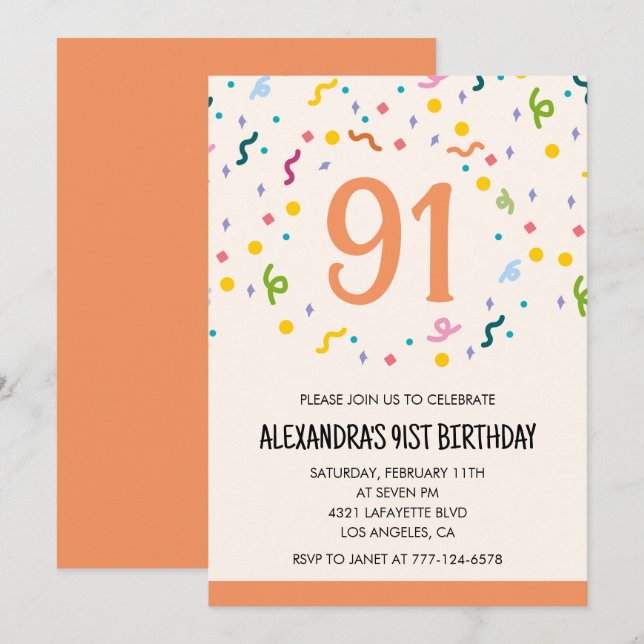 Convites de aniversário de 91 anos simples Confete (Frente/Verso)