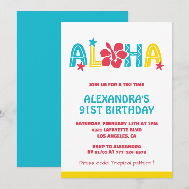 convites de aniversário de 91 anos Tropical Aloha  (Frente/Verso)