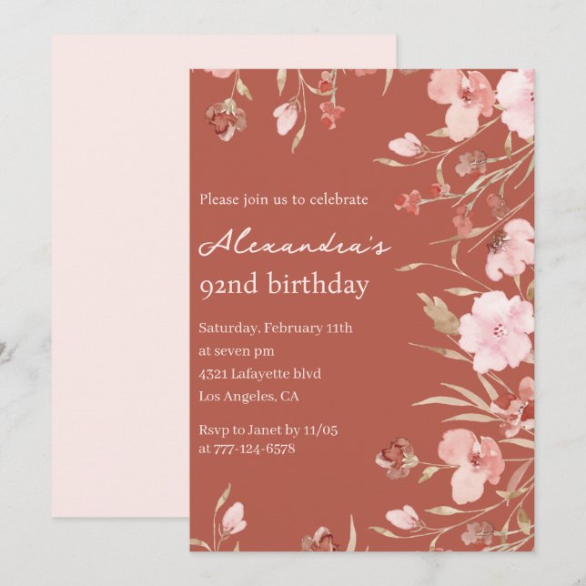 Convites de aniversário de 92 anos Elegantes Flora (Frente/Verso)
