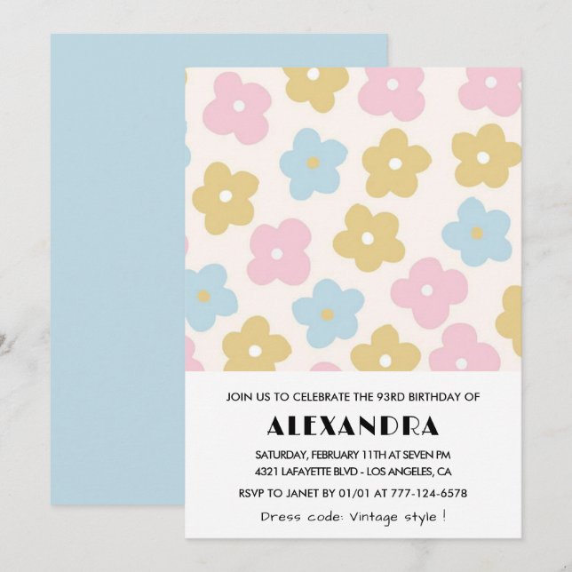 Convites de aniversário de 93 anos Elegantes Flora (Frente/Verso)