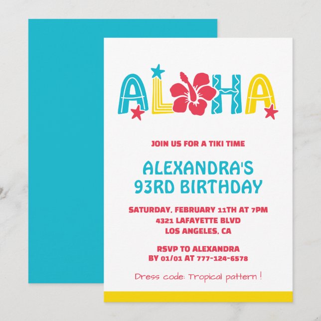 convites de aniversário de 93 anos Tropical Aloha  (Frente/Verso)