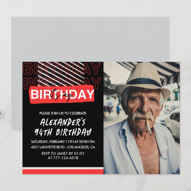 Convites de aniversário de 94 anos com foto de hom (Frente/Verso)