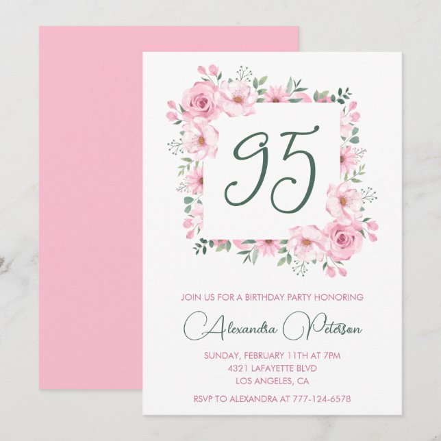 Convites de aniversário de 95 anos Elegantes Flora (Frente/Verso)