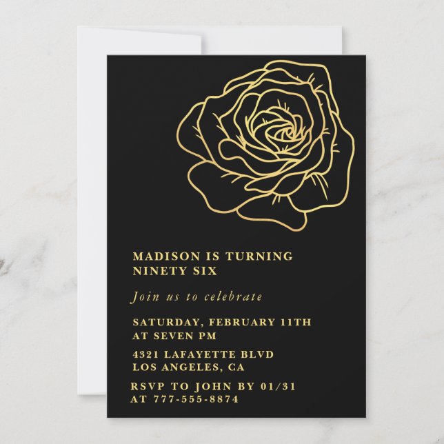 Convites de aniversário de 96 anos Black Gold Flor (Frente)