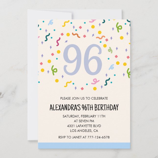 Convites de aniversário de 96 anos simples Confete (Frente)
