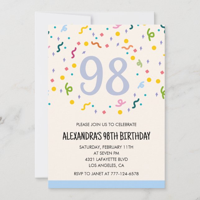 Convites de aniversário de 98 anos simples Confett (Frente)