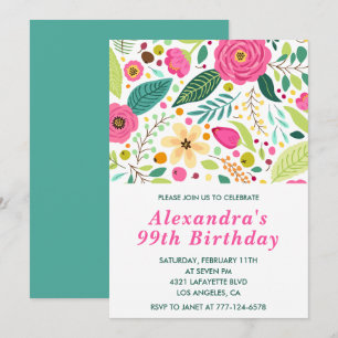 Convites de aniversário de 99 anos Floral Elegante