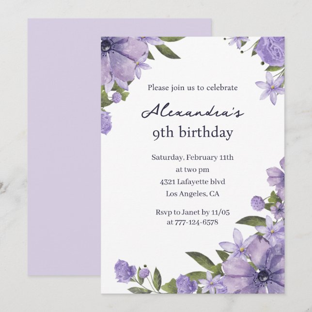 Convites de aniversário de 9 anos elegantes Floral (Frente/Verso)