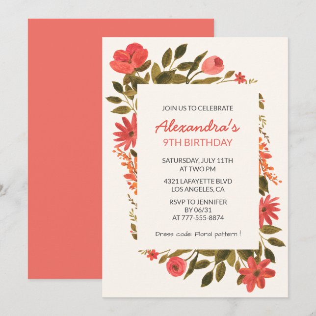 convites de aniversário de 9 anos Floral Boho Eleg (Frente/Verso)