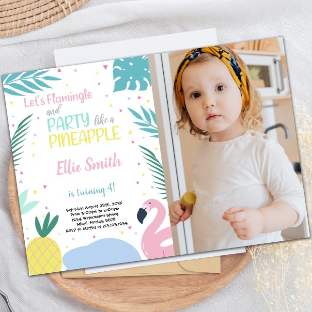 Convites de Aniversário de Abacaxi & Flamingo com  (Pineapple & Flamingo Birthday Invitations w photo)