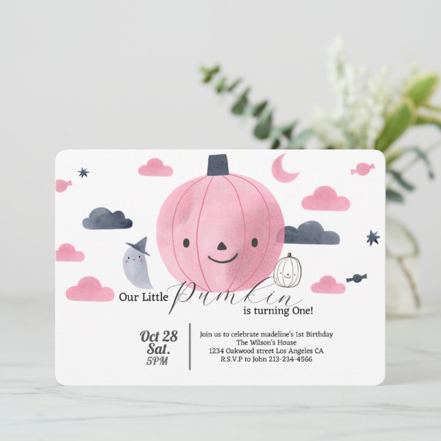 convites de aniversário de abóbora rosa-fofinho (Em pé/Frente)