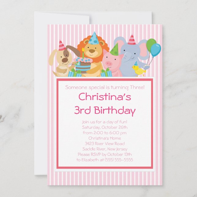 Convites de aniversário de animais de festa (Frente)