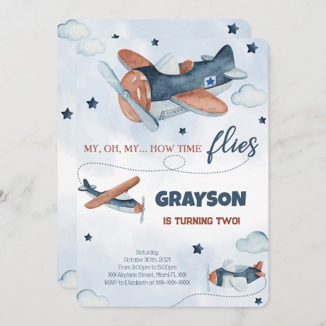 Convites de aniversário de avião (Frente/Verso)