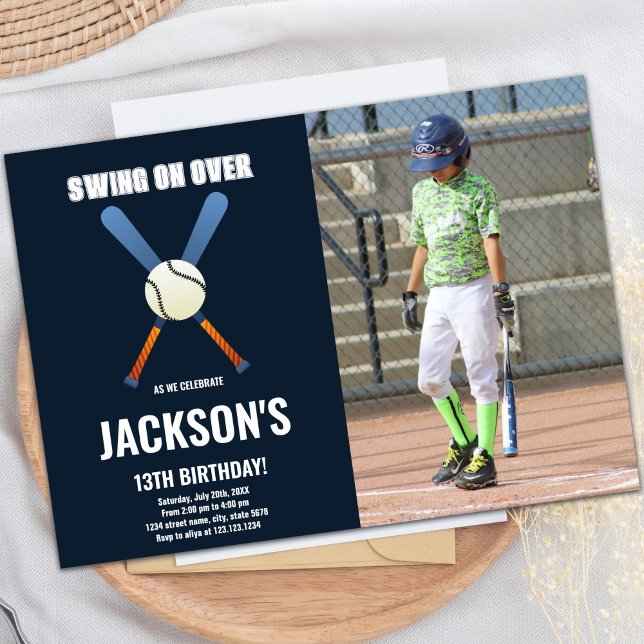 Convites de aniversário de beisebol azul escuro co (Dark Blue Baseball Birthday Invitations with photo)