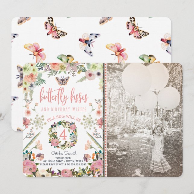 Convites de aniversário de borboleta para menina (Frente/Verso)