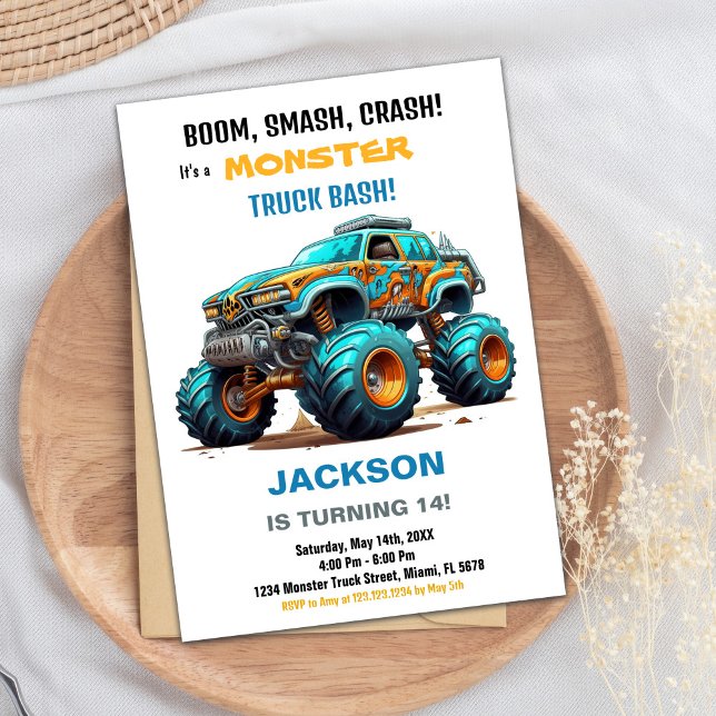 Convites de Aniversário de Caminhão Monstro Verde  (Monster Truck Birthday Invitations Green Blue)