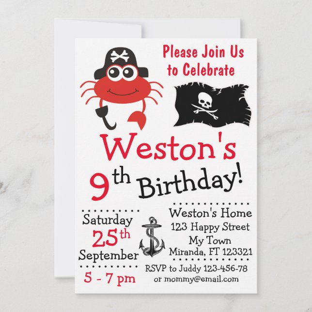 Convites de aniversário de caranguejo pirata (Frente)
