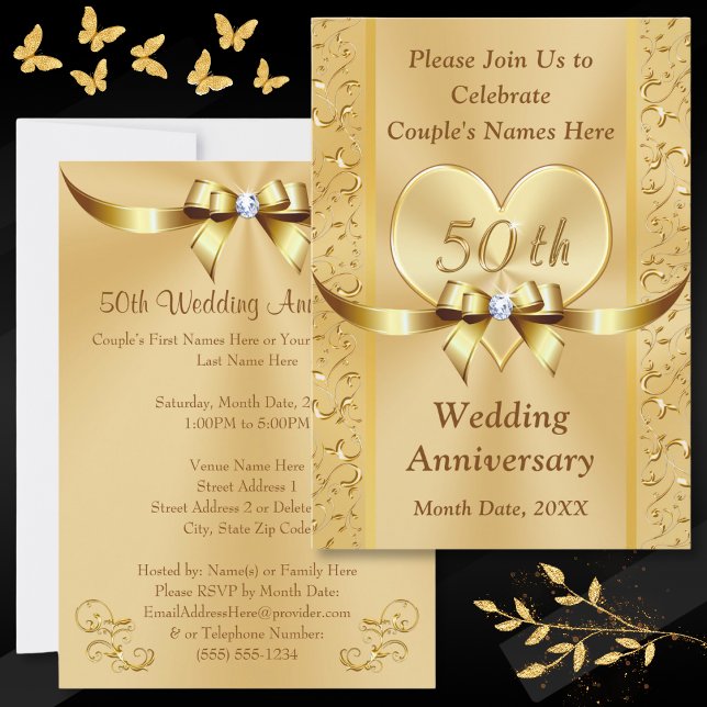 Convites de Aniversário de Casamento de 50 Anos Do (Personalized 50th Wedding Anniversary Invitations. Golden anniversary invitations, with Gold Heart. )