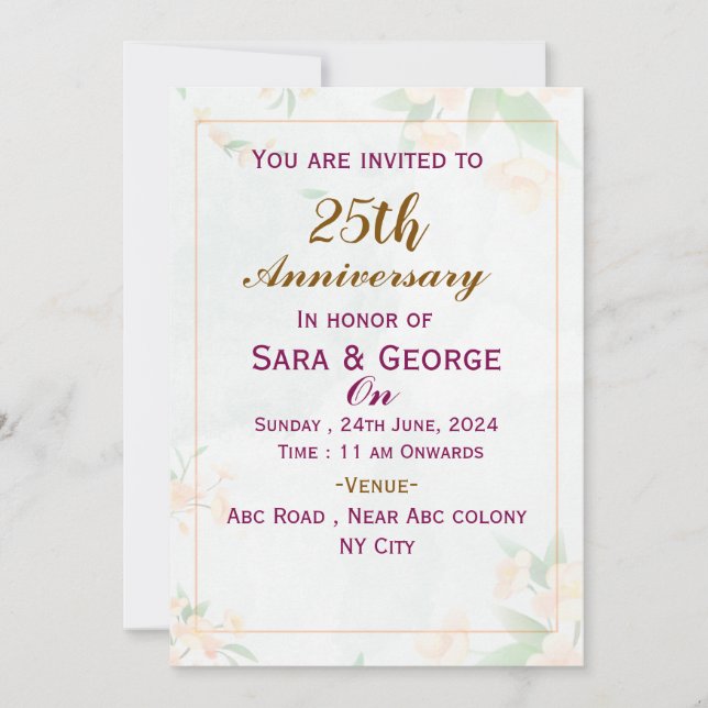 Convites de Aniversário de Casamento Elegante (Frente)