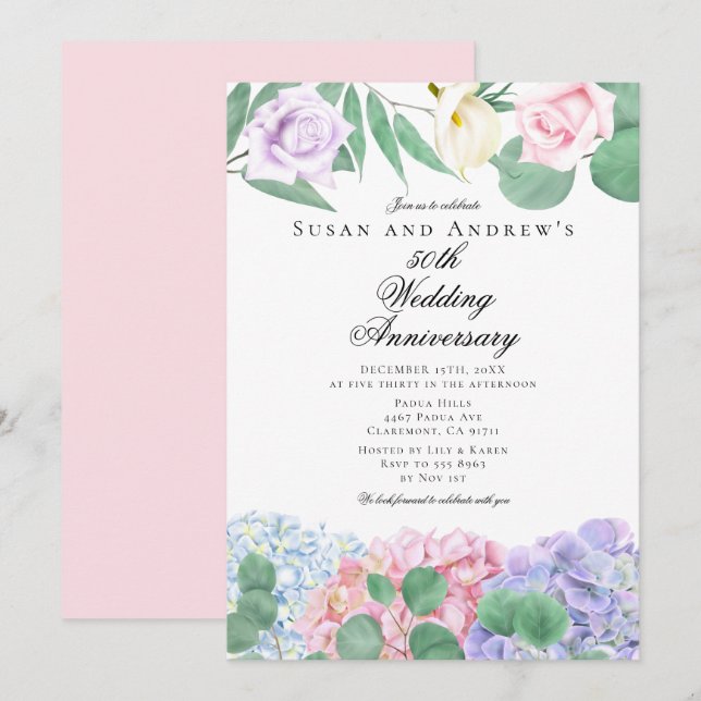 Convites de Aniversário de Casamento Hortênsias Ro (Frente/Verso)