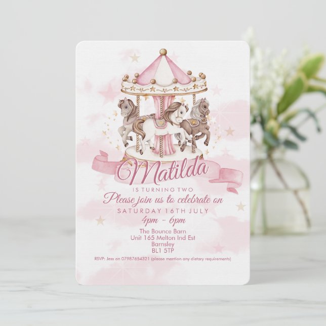 🎠✨ Convites de Aniversário de Cavalo de Carrusel  (Em pé/Frente)