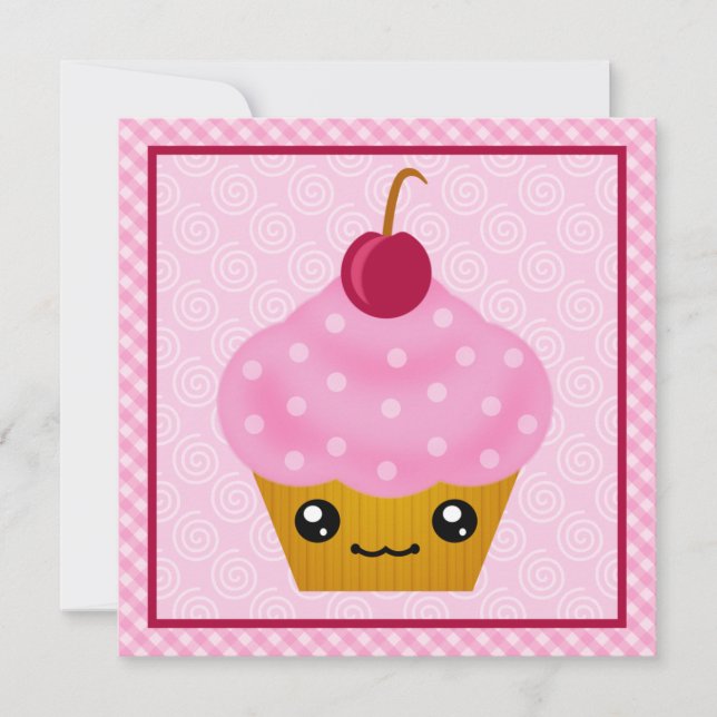 Convites de aniversário de cereja do Cupcake Kawai (Frente)