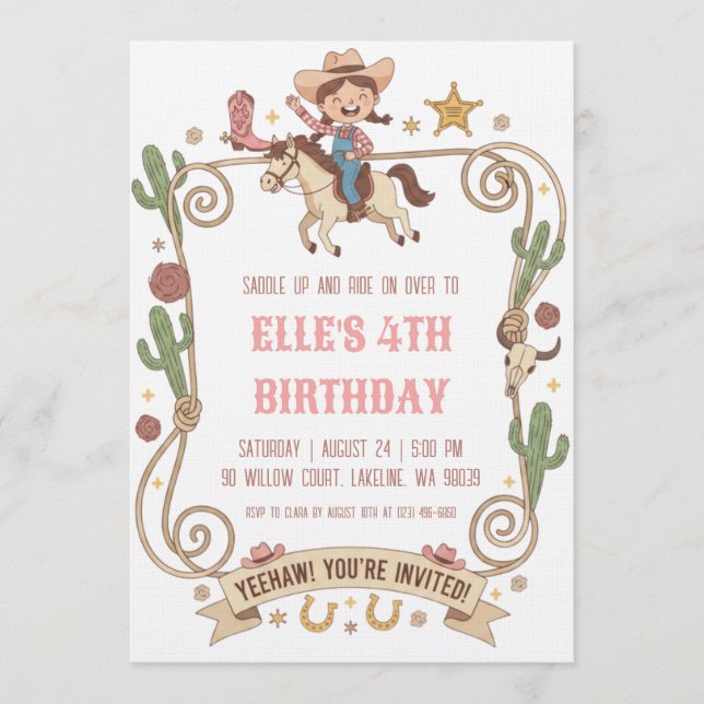 convites de aniversário de cowgirl ocidental (Frente)