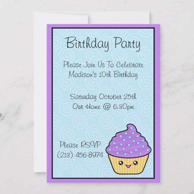 Convites de aniversário de Cupcakes Kawaii (Frente)