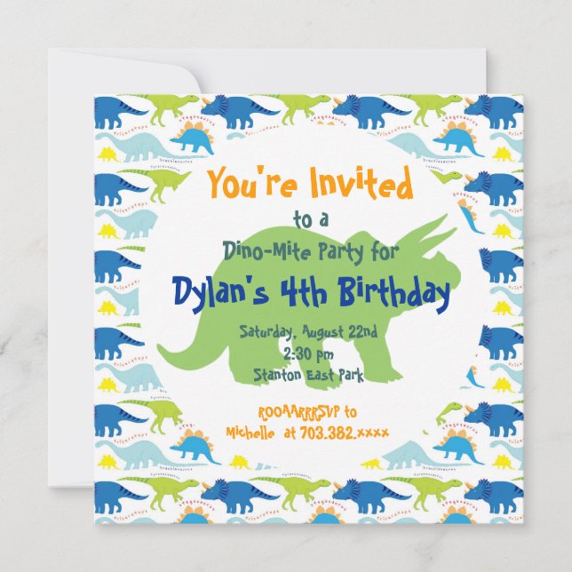 Convites de aniversário de Dinossauros Verdes e Az (Frente)