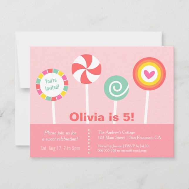 Convites de Aniversário de Doces Pirulito Modernos (Frente)