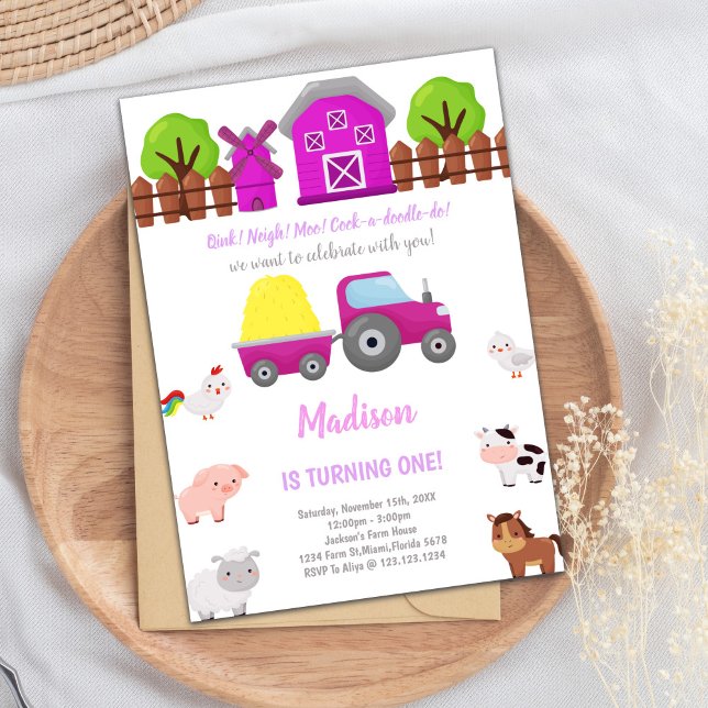 Convites de aniversário de Fazenda rosa (Pink Farm Birthday Invitations)