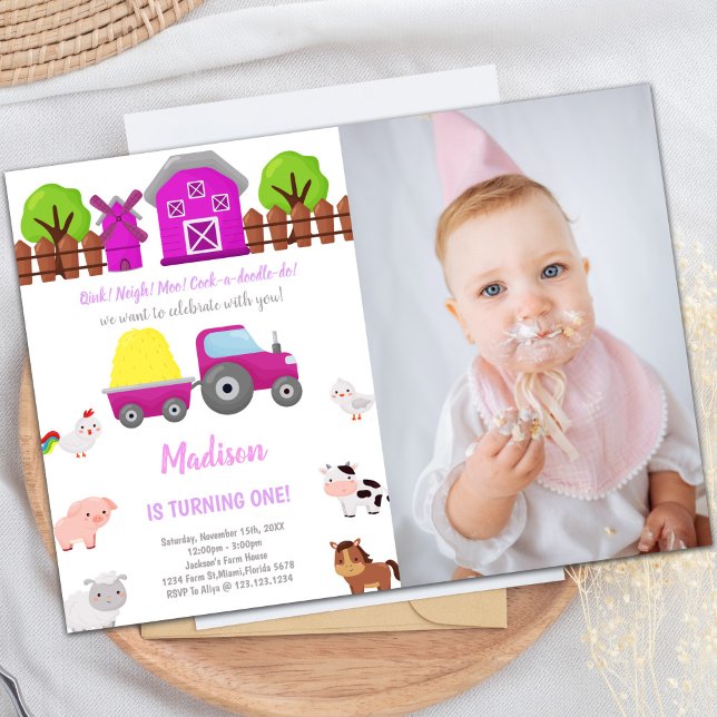 Convites de aniversário de Fazenda rosa com foto (Pink Farm Birthday Invitations with photo)