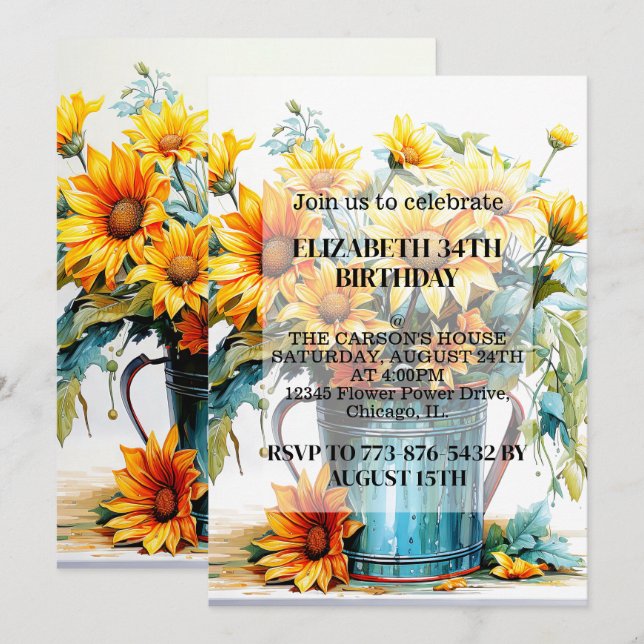Convites de Aniversário de Flores em Vasos Fofos (Frente/Verso)