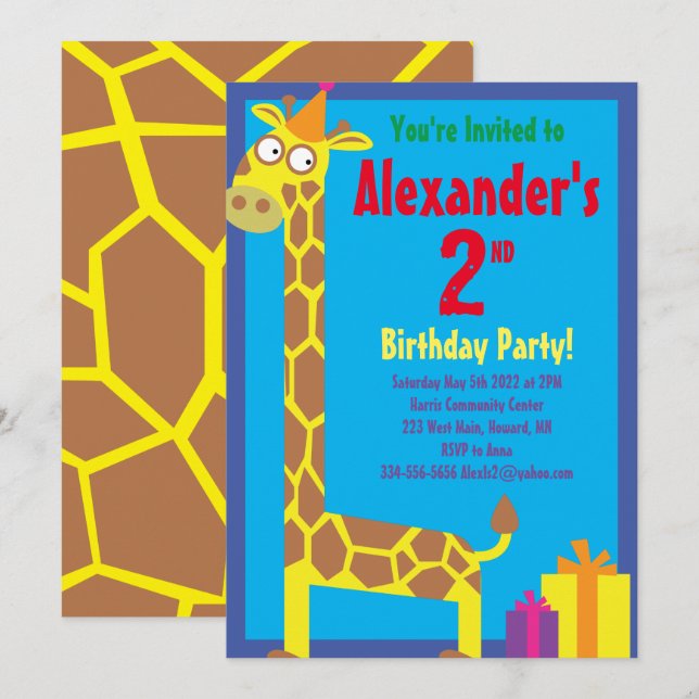Convites de aniversário de Giraffe Animal Kid (Frente/Verso)