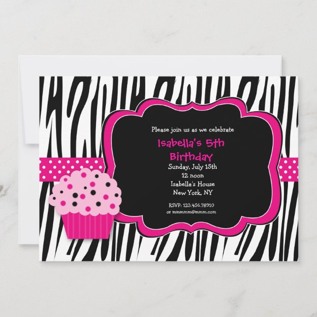 Convites de aniversário de impressão Cupcake Zebra (Frente)